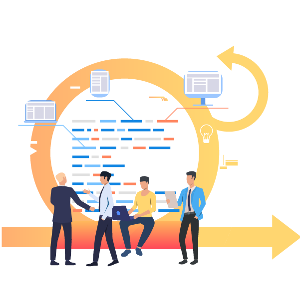 A graphic of people working on a app, representing application management and support